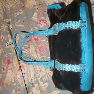 Kathy Van Zeeland Turquoise Brown Fur Purse